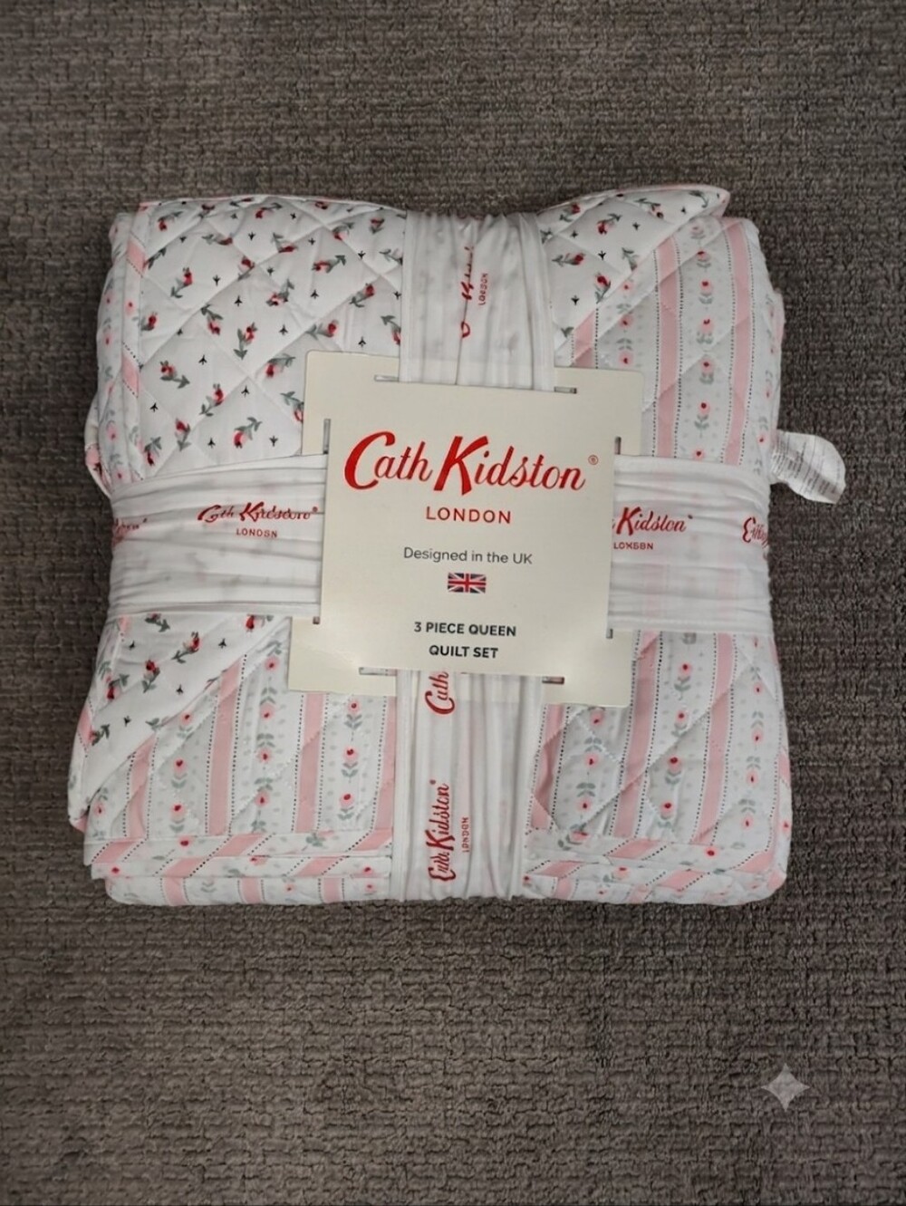 NWT! Cath Kidston Pink Rosebud Stripe 3-piece Queen Size Quilt Set - Reversible